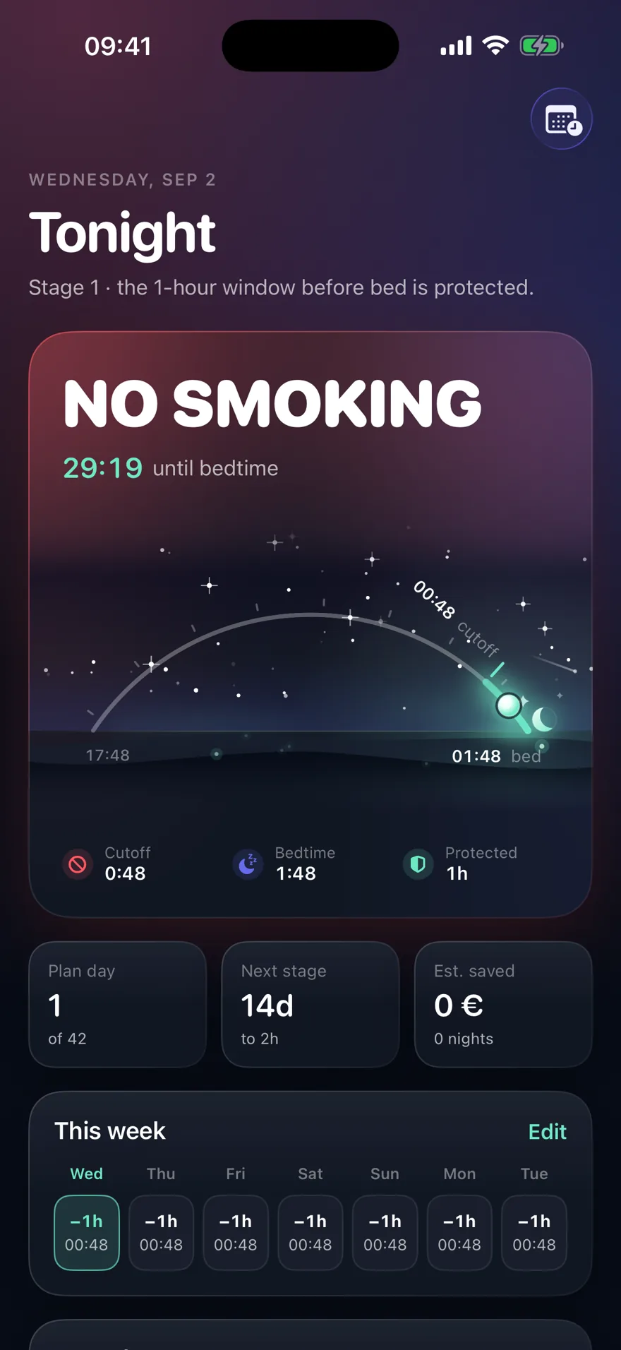 Dashboard in the protected-window state with the night sky band lit and a no-smoking hero card
