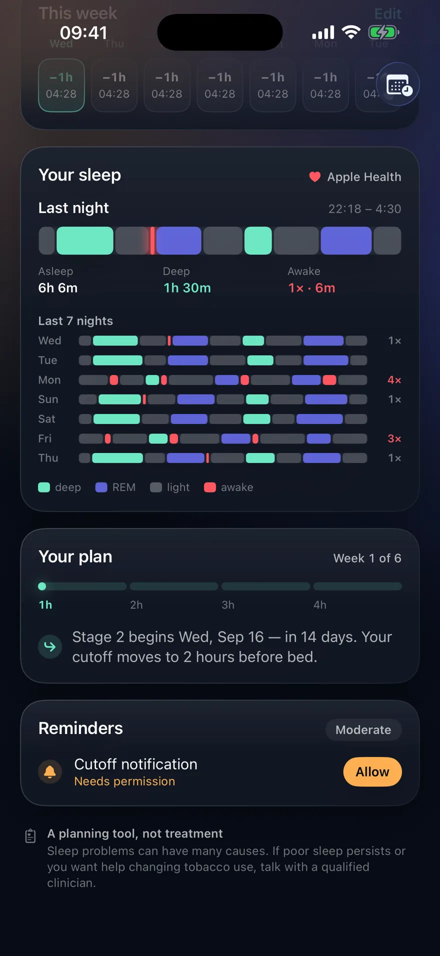 Your sleep card showing last night and the past seven nights as stacked sleep-stage bars from Apple Health