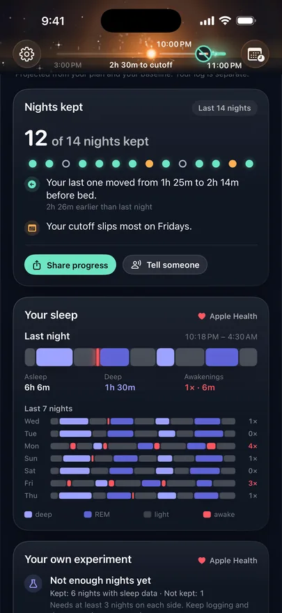 Nights kept card with 12 of 14 nights kept and how far the last cigarette moved, above the sleep card showing last night and the past seven nights as sleep-stage bars from Apple Health